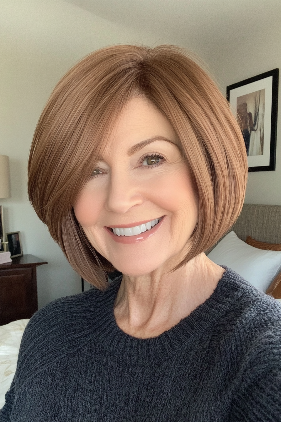 1. Soft Layered Bob in Warm Chestnut (Short Hairstyles For Older Women With Thick Hair) - Short Hairstyles For Older Women With Thick Hair