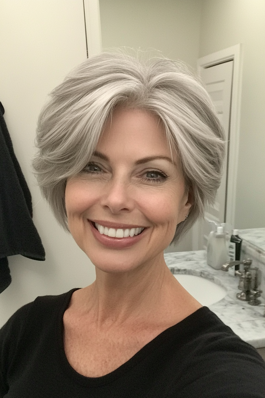 7. Layered Crop in Silver Gray (Short Hairstyles For Older Women With Thick Hair) - Short Hairstyles For Older Women With Thick Hair