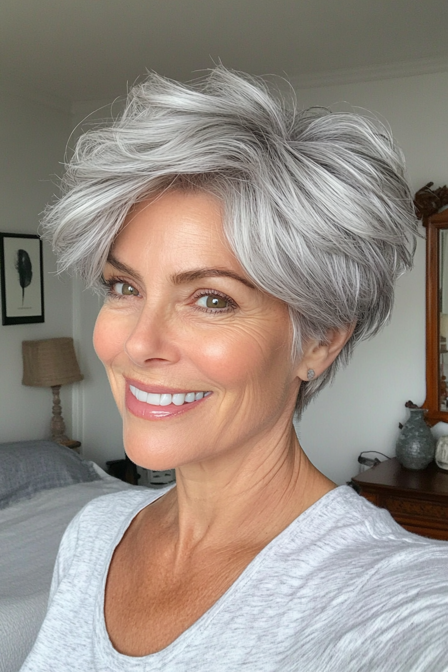 13. Short Choppy Layers in Natural Silver (Short Hairstyles For Older Women With Thick Hair) - Short Hairstyles For Older Women With Thick Hair