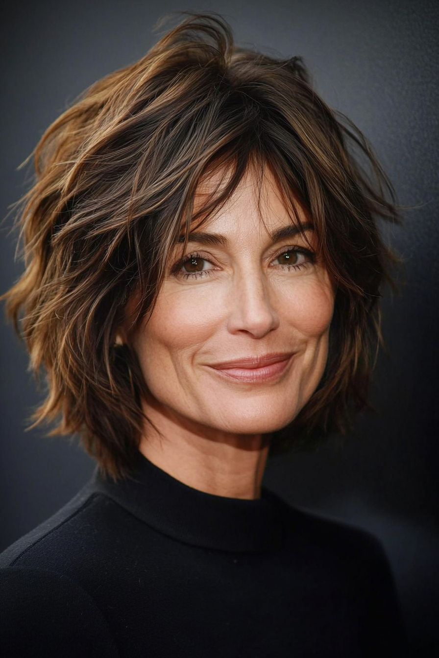 17. Messy Textured Bob in Natural Brunette (Short Hairstyles For Older Women With Thick Hair) - Short Hairstyles For Older Women With Thick Hair