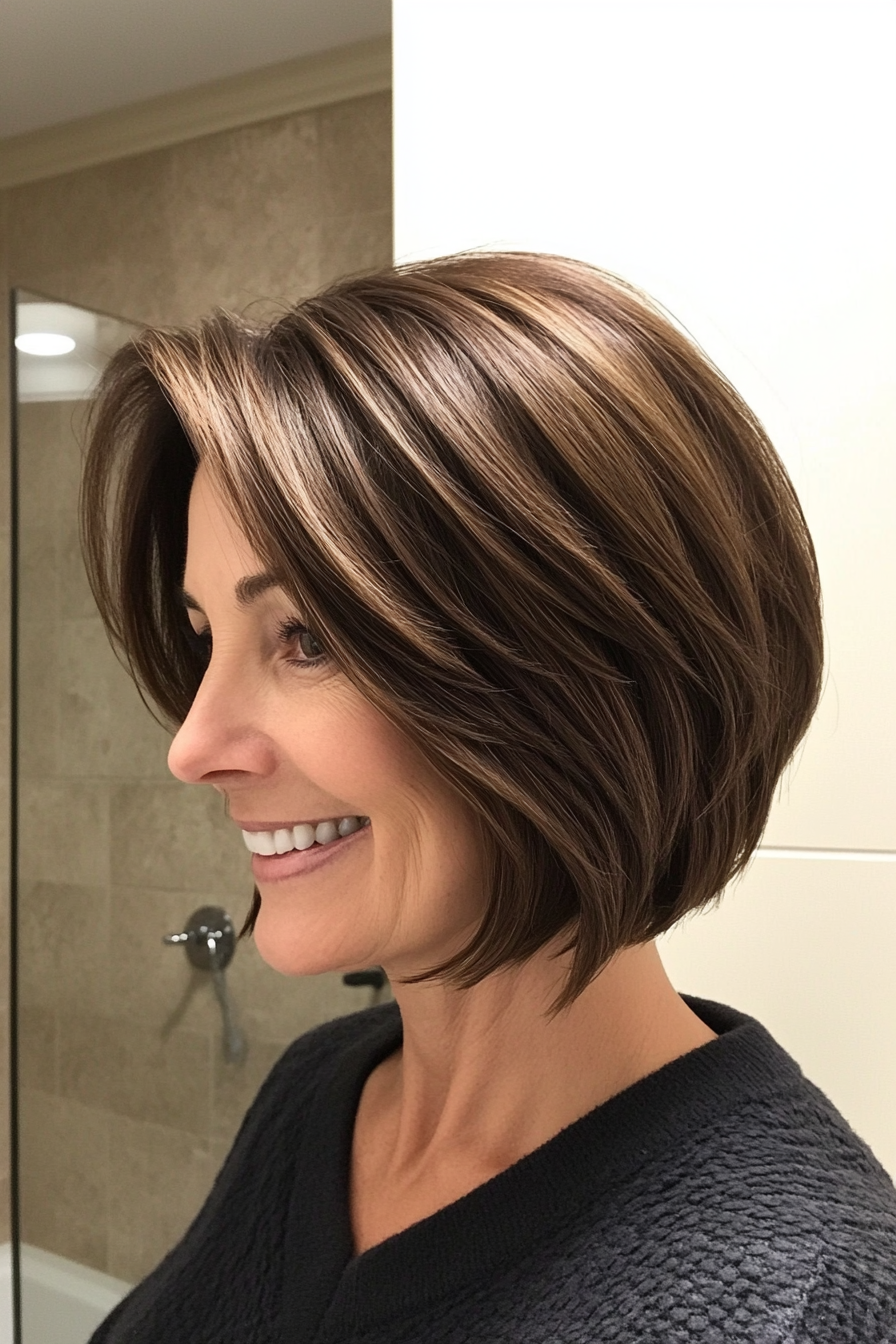 18. Stacked Bob in Rich Chocolate Brown (Short Hairstyles For Older Women With Thick Hair) - Short Hairstyles For Older Women With Thick Hair