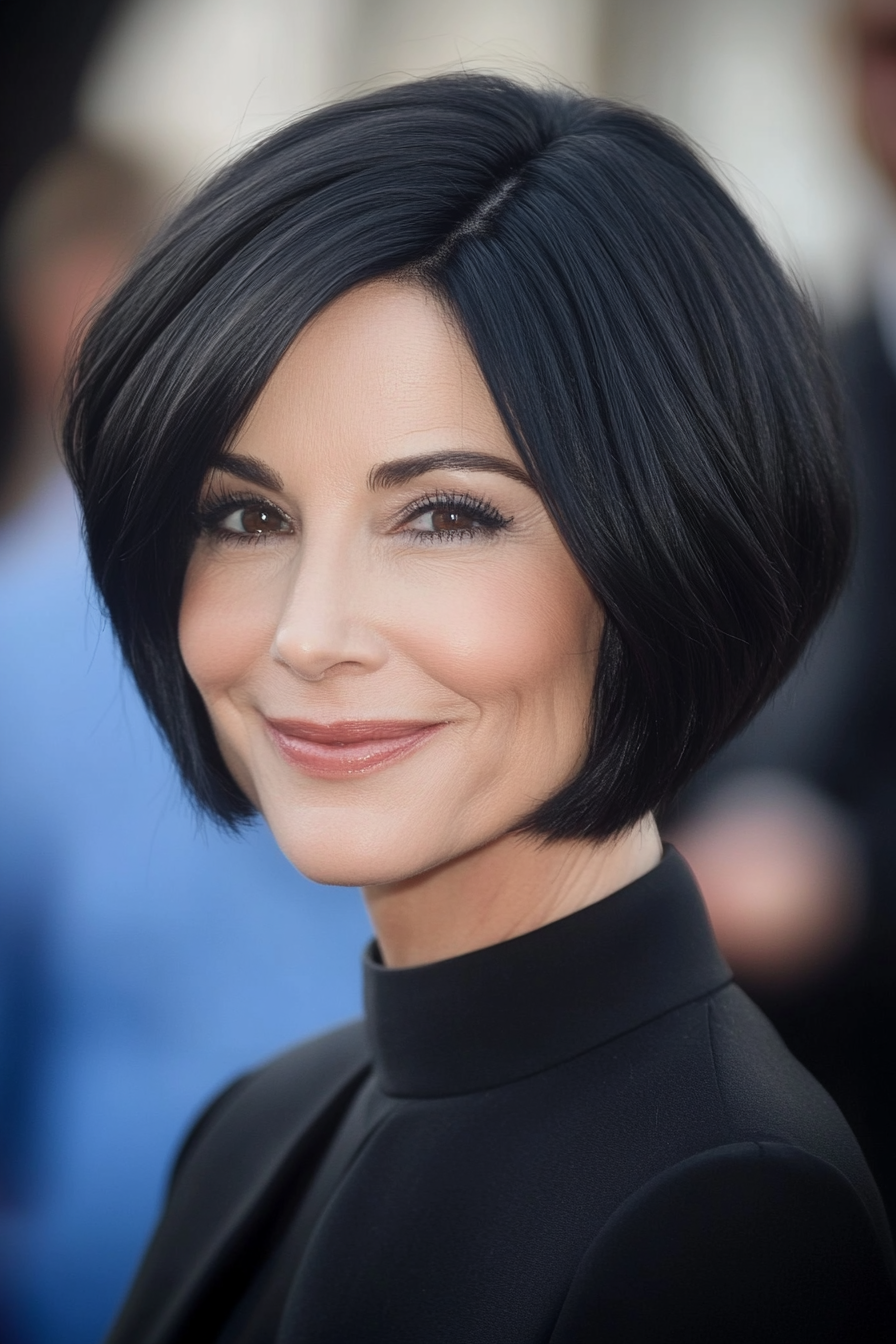 20. Sleek Short Bob in Jet Black (Short Hairstyles For Older Women With Thick Hair) - Short Hairstyles For Older Women With Thick Hair