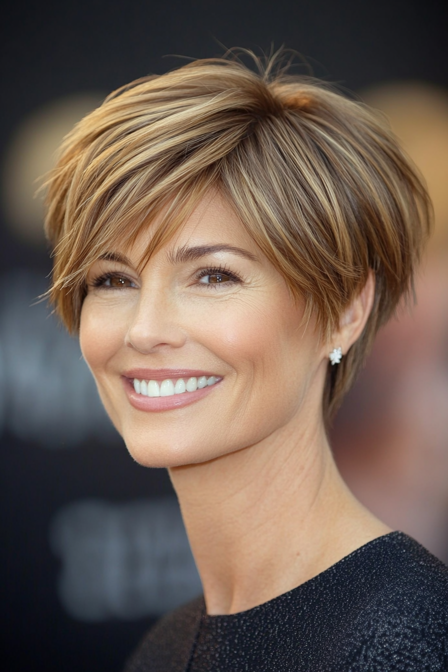 21. Tapered Layered Pixie in Light Golden Brown (Short Hairstyles For Older Women With Thick Hair) - Short Hairstyles For Older Women With Thick Hair