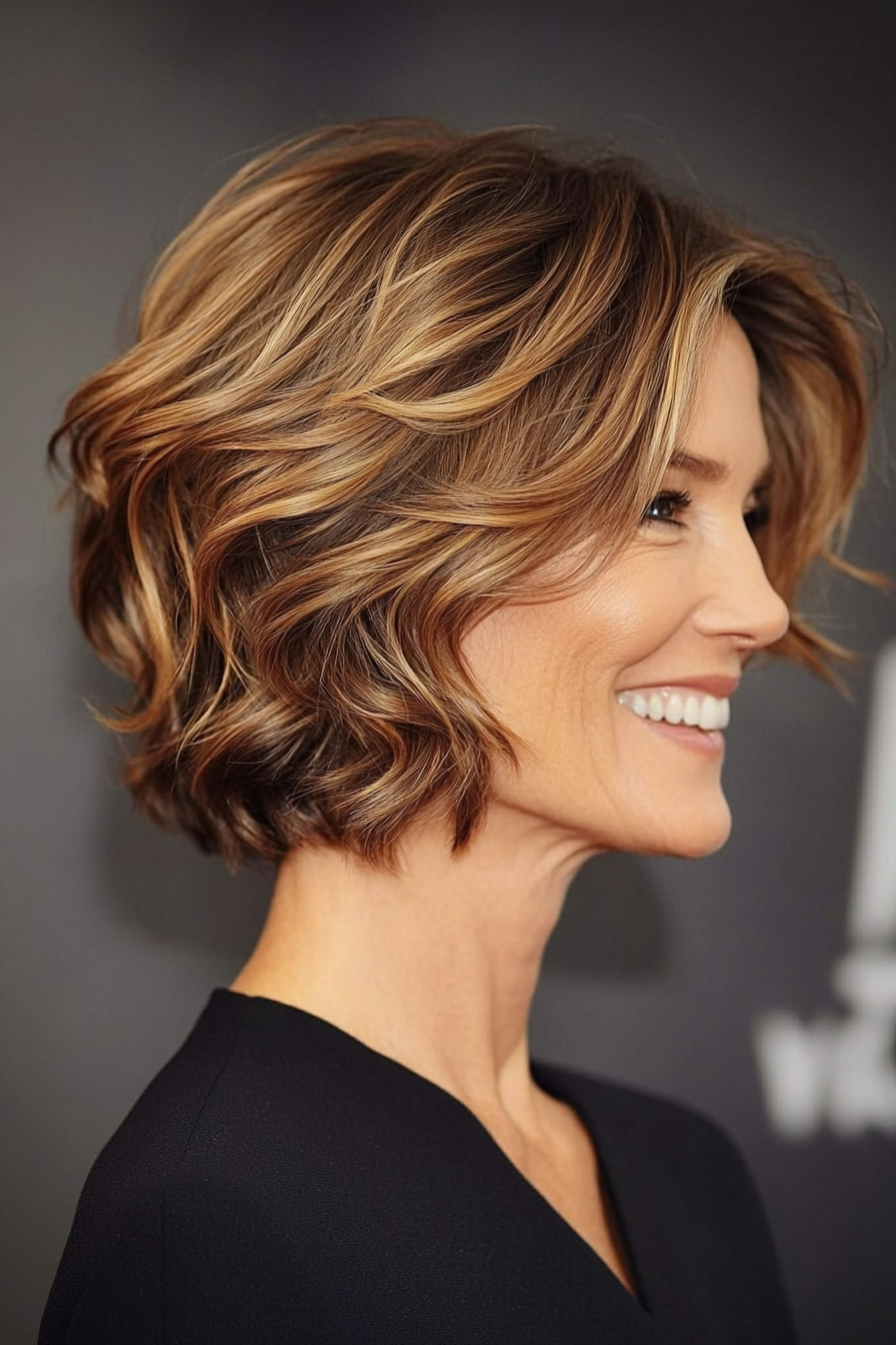 22. Short Wavy Bob in Warm Honey Brown (Short Hairstyles For Older Women With Thick Hair) - Short Hairstyles For Older Women With Thick Hair