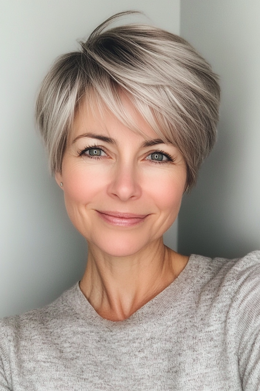 23. Pixie with Side Bangs in Dark Ash Blonde (Short Hairstyles For Older Women With Thick Hair) - Short Hairstyles For Older Women With Thick Hair