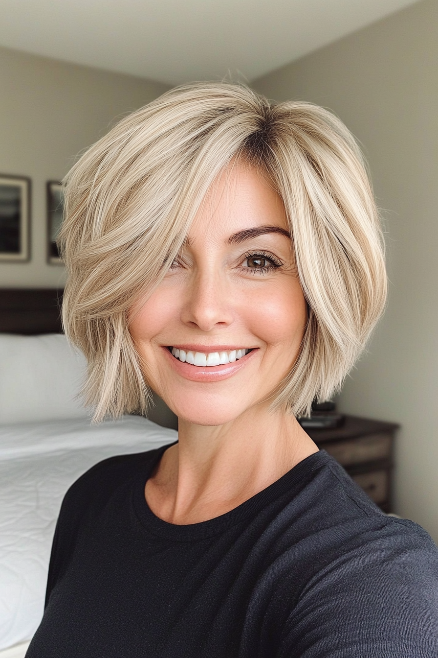 25. Tousled Layered Bob in Champagne Blonde (Short Hairstyles For Older Women With Thick Hair) - Short Hairstyles For Older Women With Thick Hair