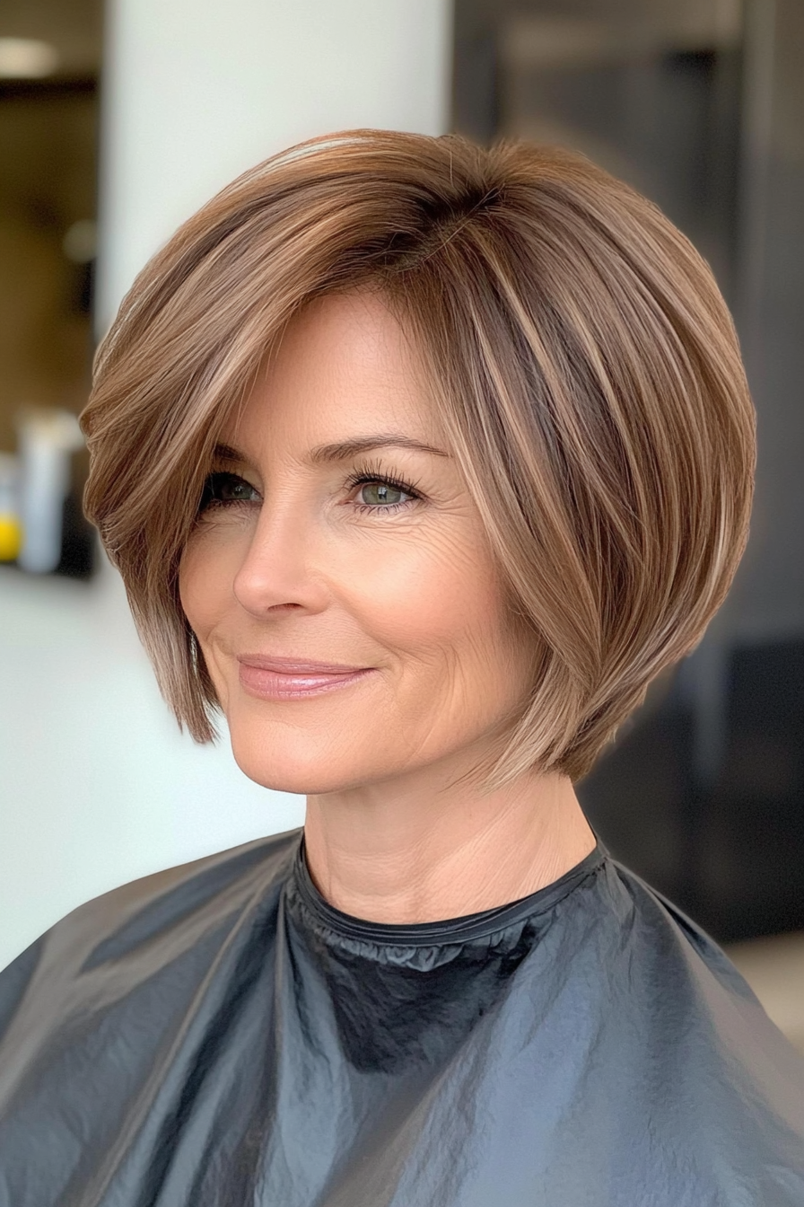 27. Short Angled Bob in Warm Hazelnut (Short Hairstyles For Older Women With Thick Hair) - Short Hairstyles For Older Women With Thick Hair