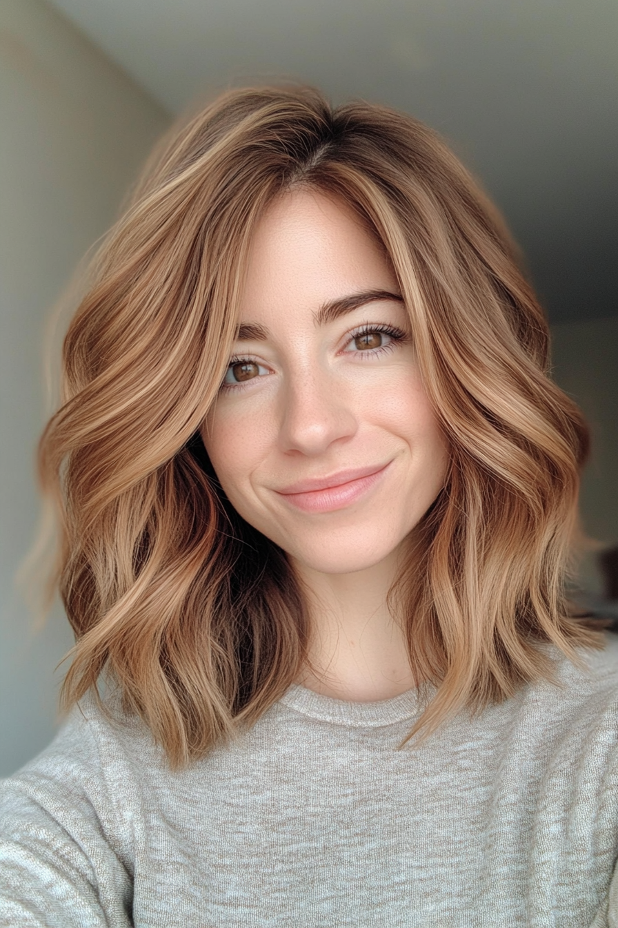 3. Textured Honey Brown Lob (Medium Length Layered Haircuts) - Medium Length Layered Haircuts