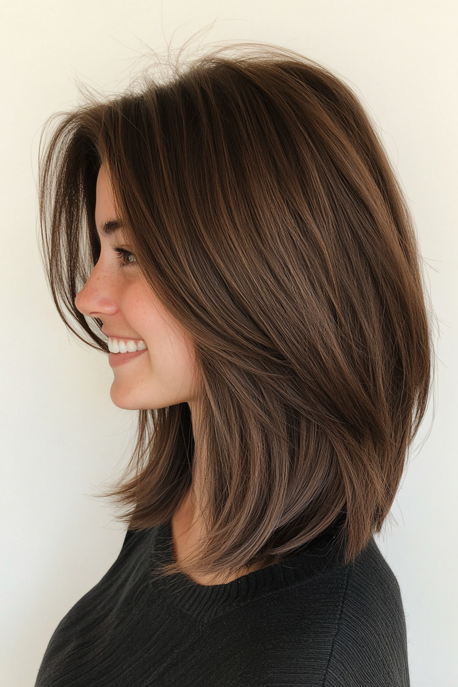 6. Cocoa Brown Blunt Layers (Medium Length Layered Haircuts) - Medium Length Layered Haircuts