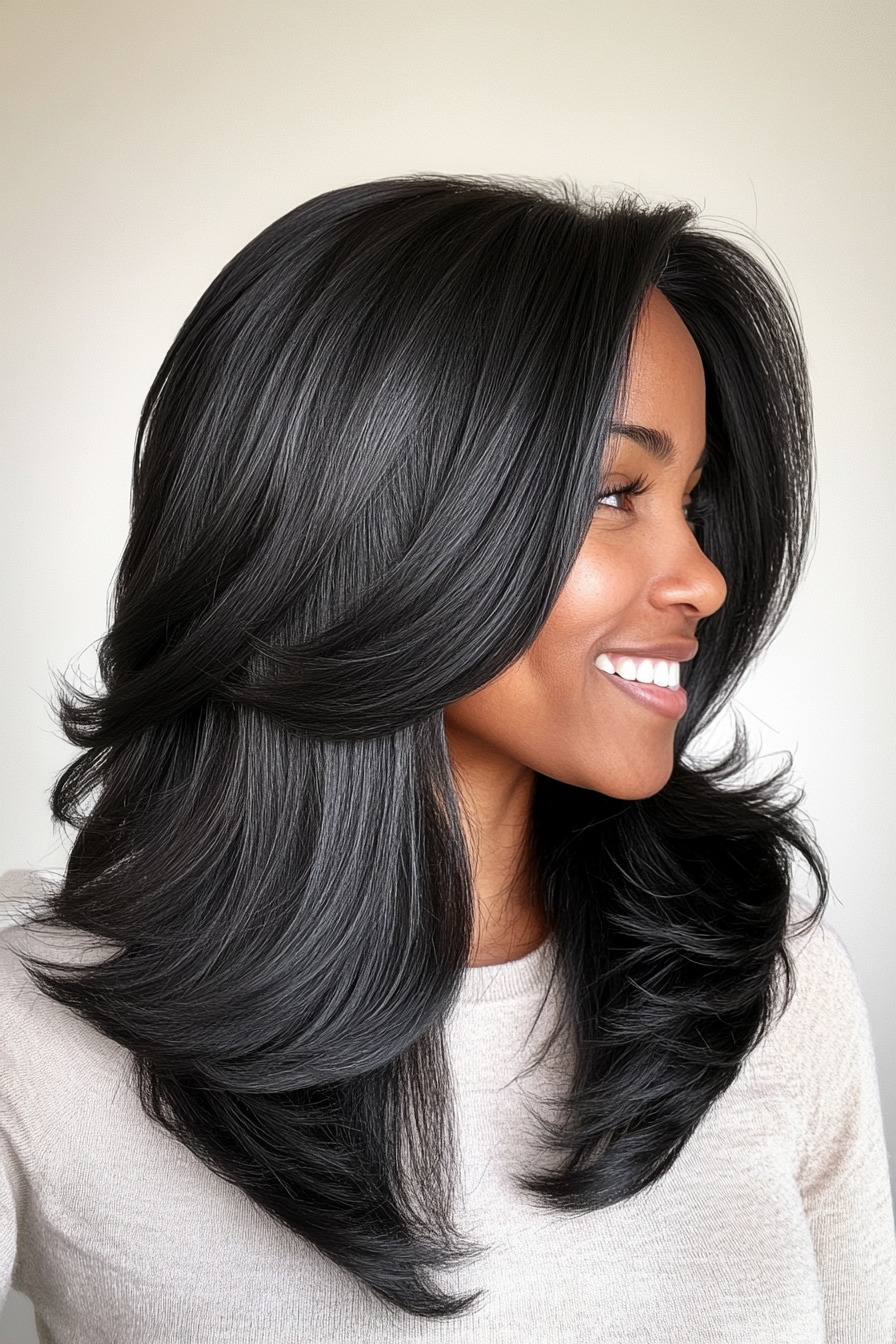 9. Natural Black Glossy Layers (Medium Length Layered Haircuts) - Medium Length Layered Haircuts