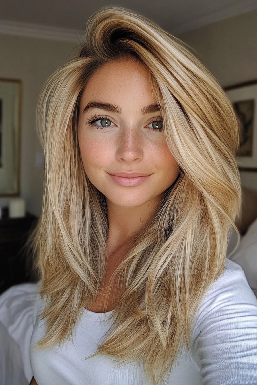12. Sandy Blonde Voluminous Layers (Medium Length Layered Haircuts) - Medium Length Layered Haircuts