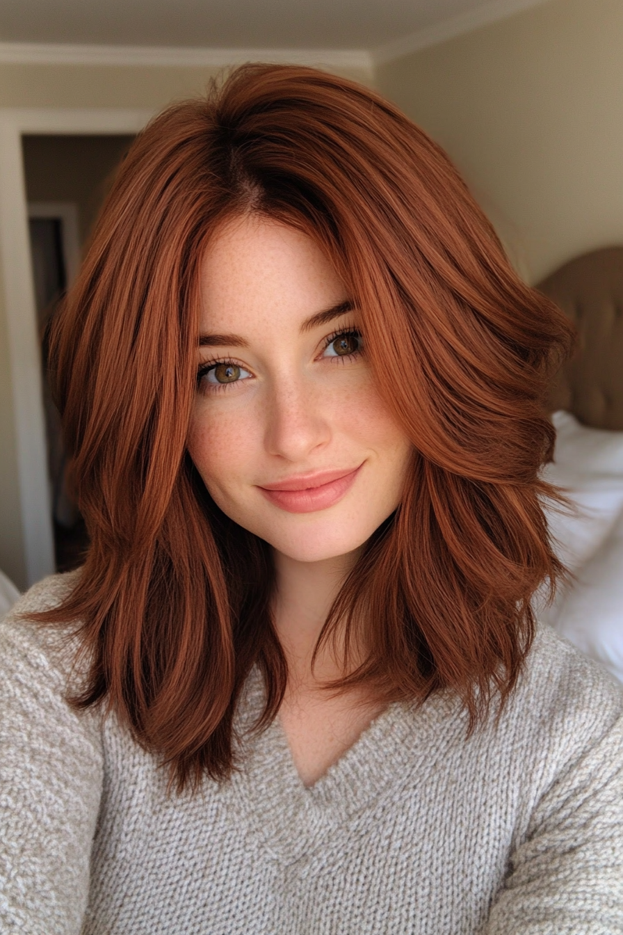 14. Warm Auburn Layered Shag (Medium Length Layered Haircuts) - Medium Length Layered Haircuts