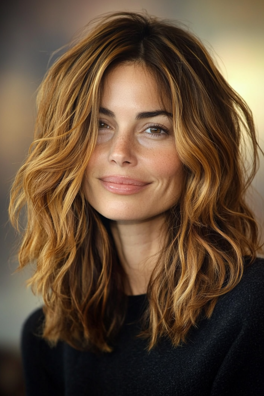 16. Golden Brown Tousled Layers (Medium Length Layered Haircuts) - Medium Length Layered Haircuts