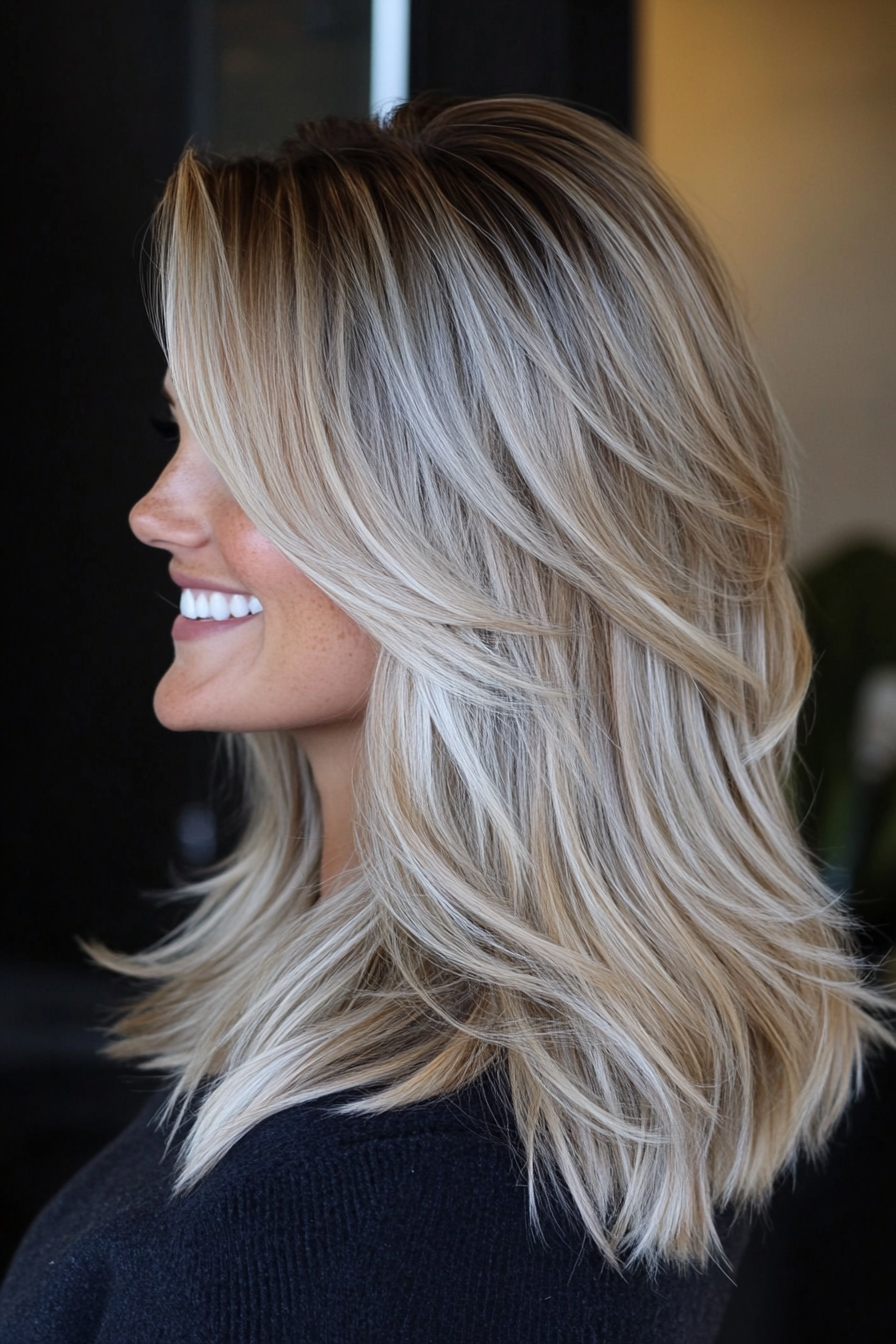 17. Ash Blonde Cascading Layers (Medium Length Layered Haircuts) - Medium Length Layered Haircuts