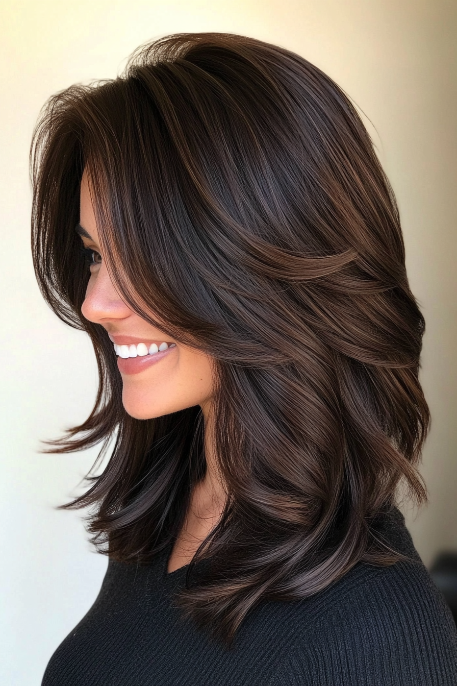 19. Dark Chocolate Layered Lob (Medium Length Layered Haircuts) - Medium Length Layered Haircuts