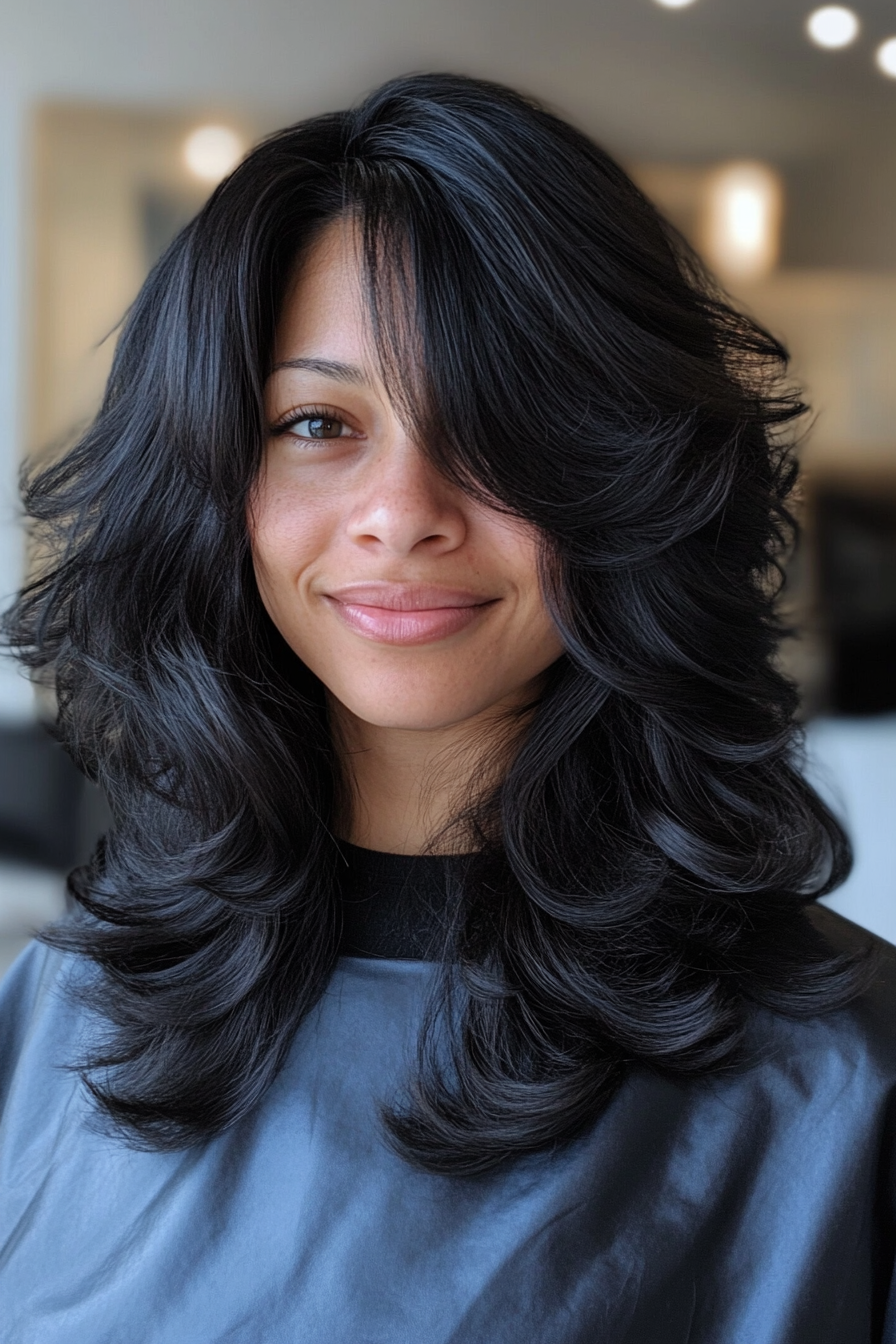 20. Soft Black Layered Curls (Medium Length Layered Haircuts) - Medium Length Layered Haircuts