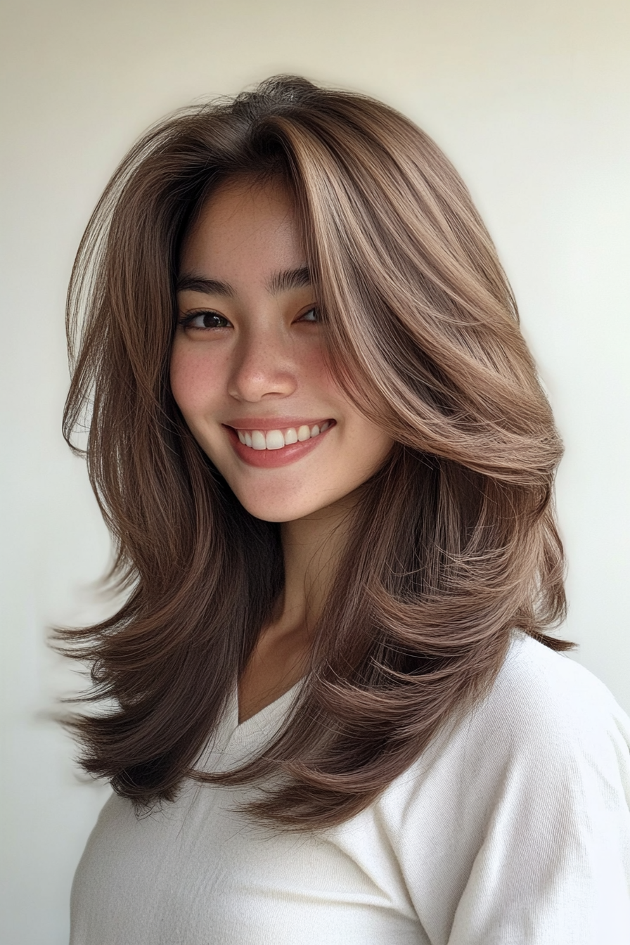 22. Maple Brown Swoopy Layers (Medium Length Layered Haircuts) - Medium Length Layered Haircuts