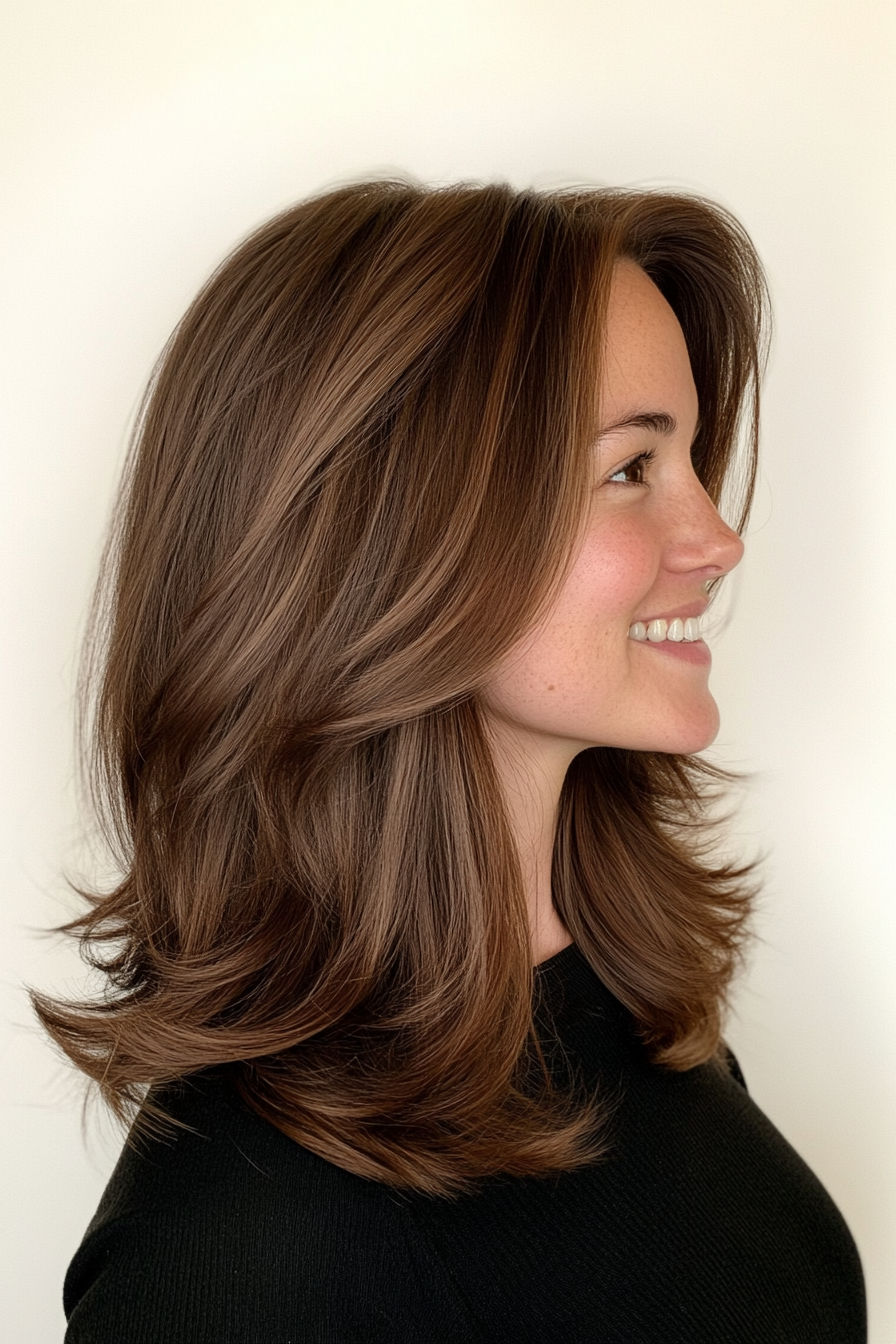 24. Walnut Brown Effortless Layers (Medium Length Layered Haircuts) - Medium Length Layered Haircuts