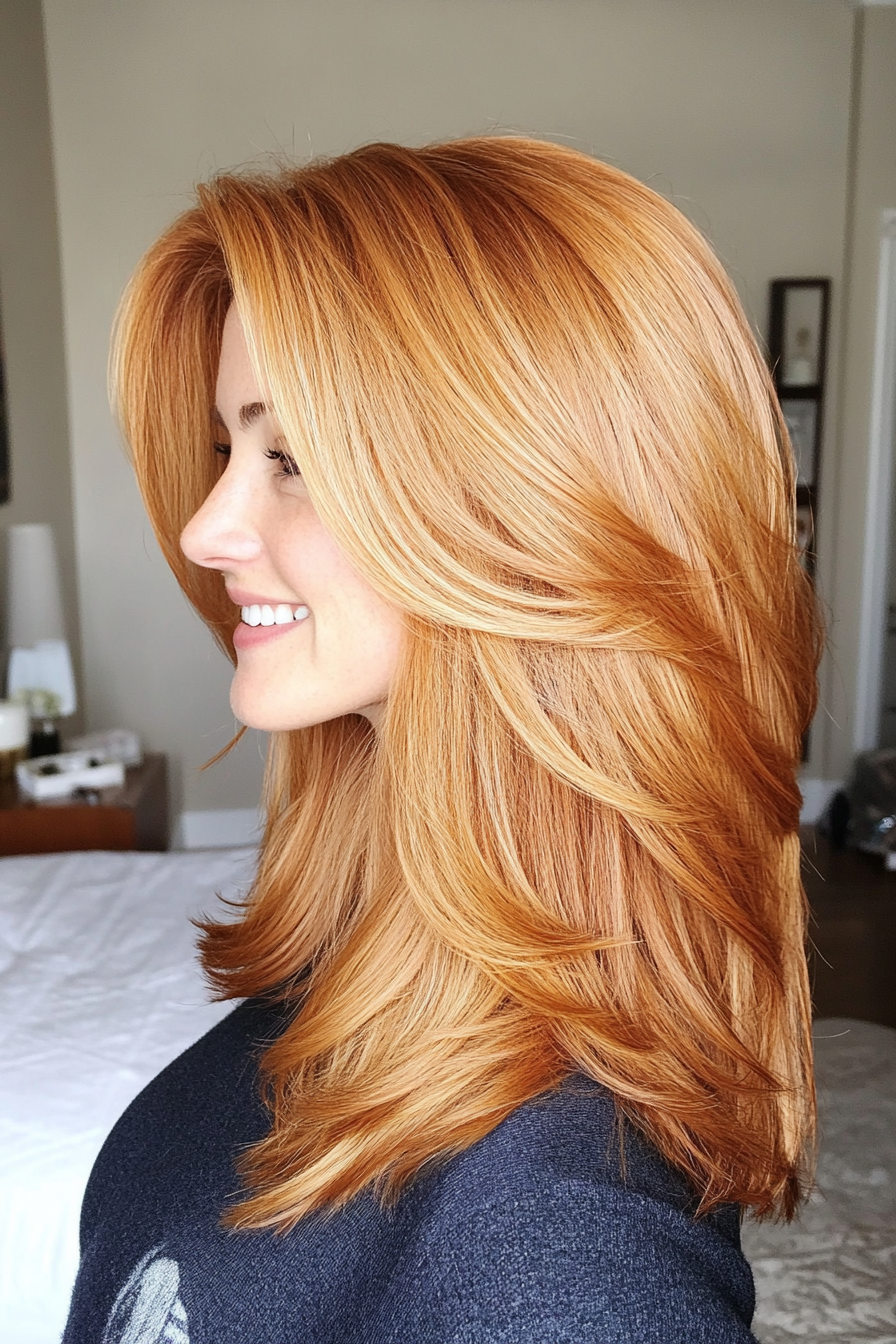 25. Golden Copper Layered Mid-Length Cut (Medium Length Layered Haircuts) - Medium Length Layered Haircuts