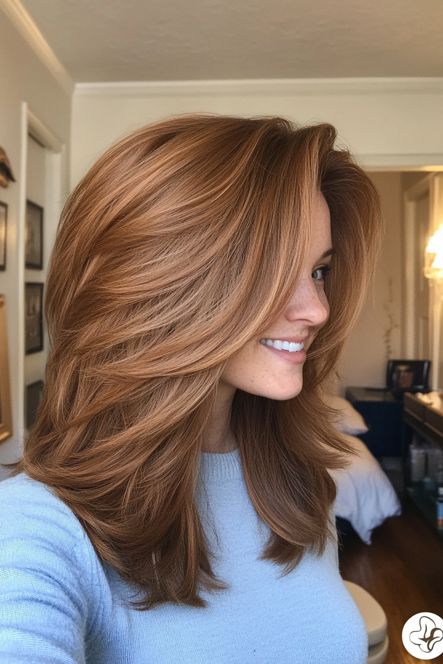 26. Cinnamon Brown Textured Layers (Medium Length Layered Haircuts) - Medium Length Layered Haircuts