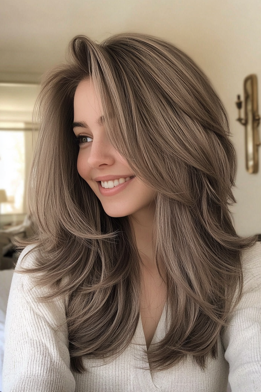 27. Smoky Ash Brown Subtle Layers (Medium Length Layered Haircuts) - Medium Length Layered Haircuts