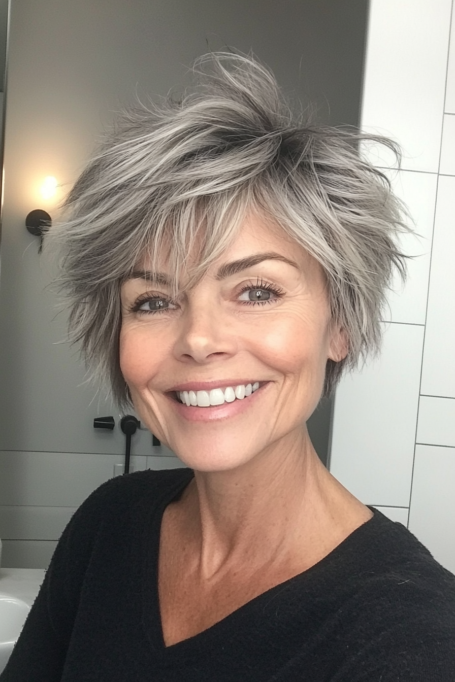 9. Shaggy Pixie in Salt-and-Pepper Blend (Haircuts For Older Women With Thin Hair) - Haircuts For Older Women With Thin Hair