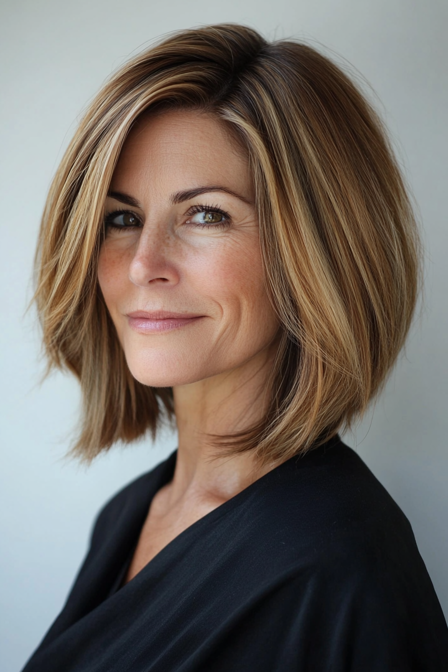 10. Side-Swept Bob in Caramel Brown (Haircuts For Older Women With Thin Hair) - Haircuts For Older Women With Thin Hair