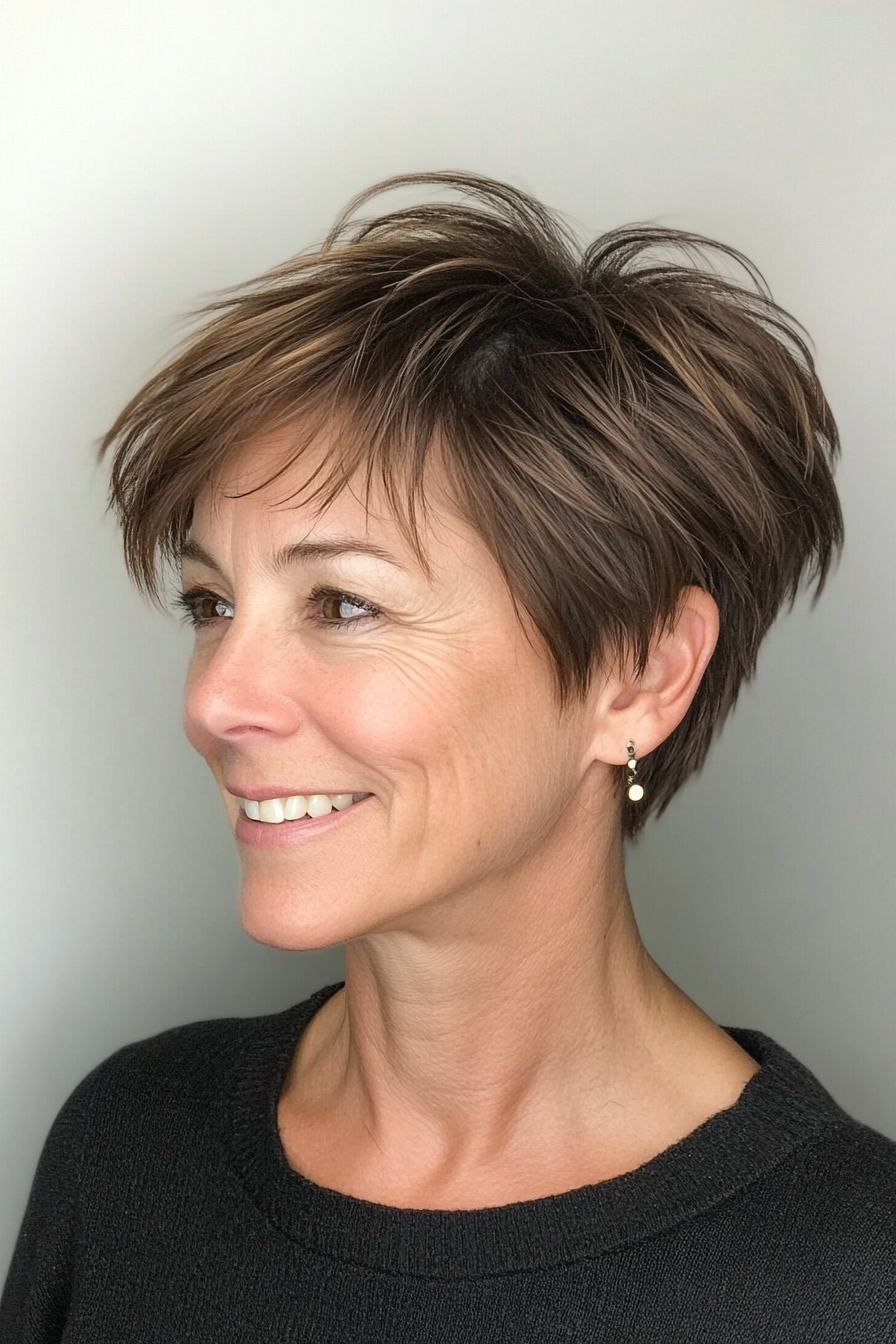 13. Short Choppy Pixie in Medium Brown (Haircuts For Older Women With Thin Hair) - Haircuts For Older Women With Thin Hair