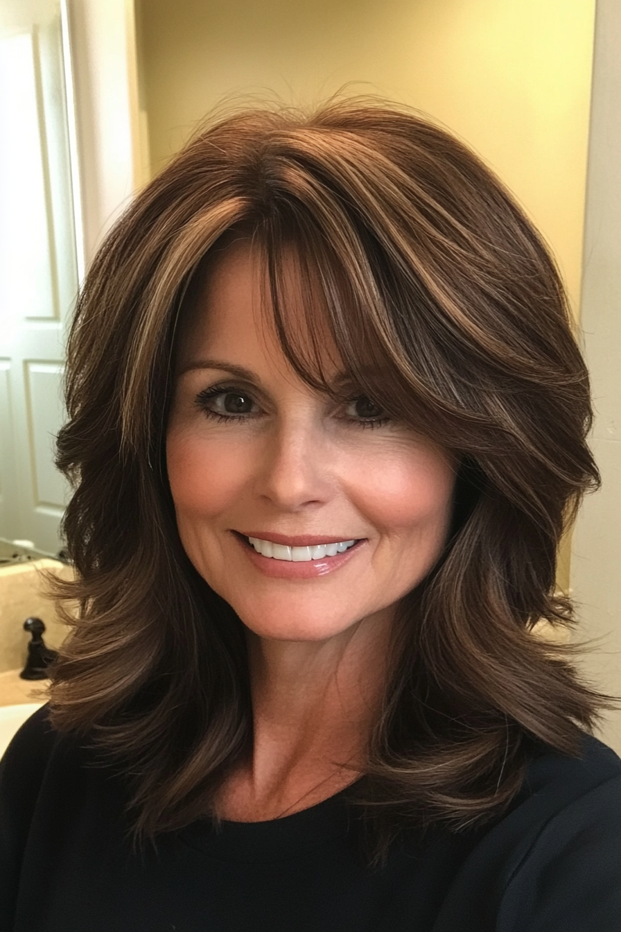 14. Layered Cut with Curtain Bangs in Deep Chestnut (Haircuts For Older Women With Thin Hair) - Haircuts For Older Women With Thin Hair