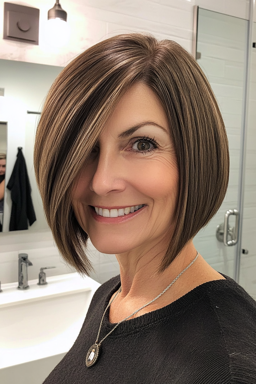 19. Asymmetrical Bob in Warm Brunette (Haircuts For Older Women With Thin Hair) - Haircuts For Older Women With Thin Hair