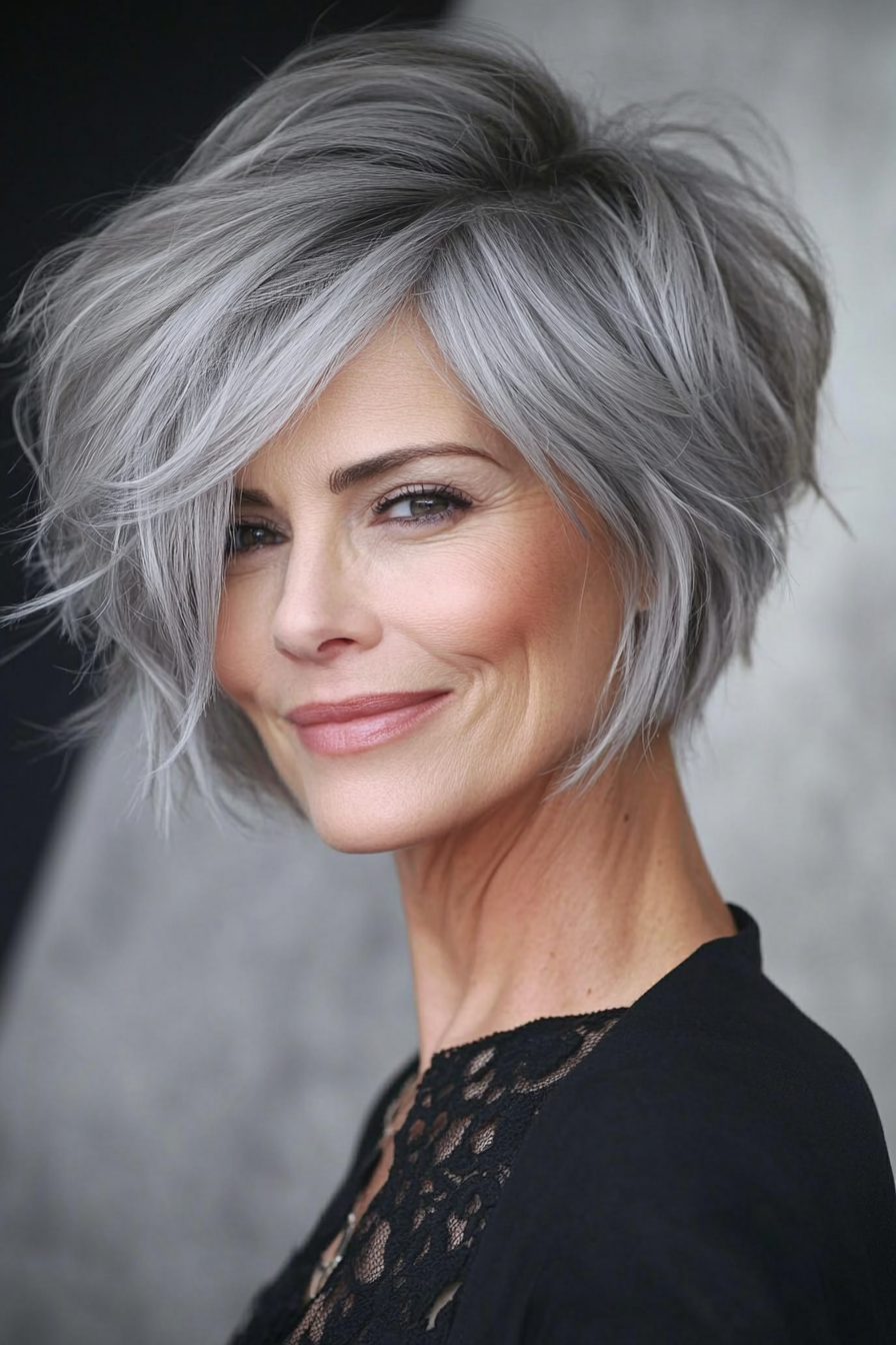 23. Messy Pixie with Side Bangs in Smoky Gray (Haircuts For Older Women With Thin Hair) - Haircuts For Older Women With Thin Hair