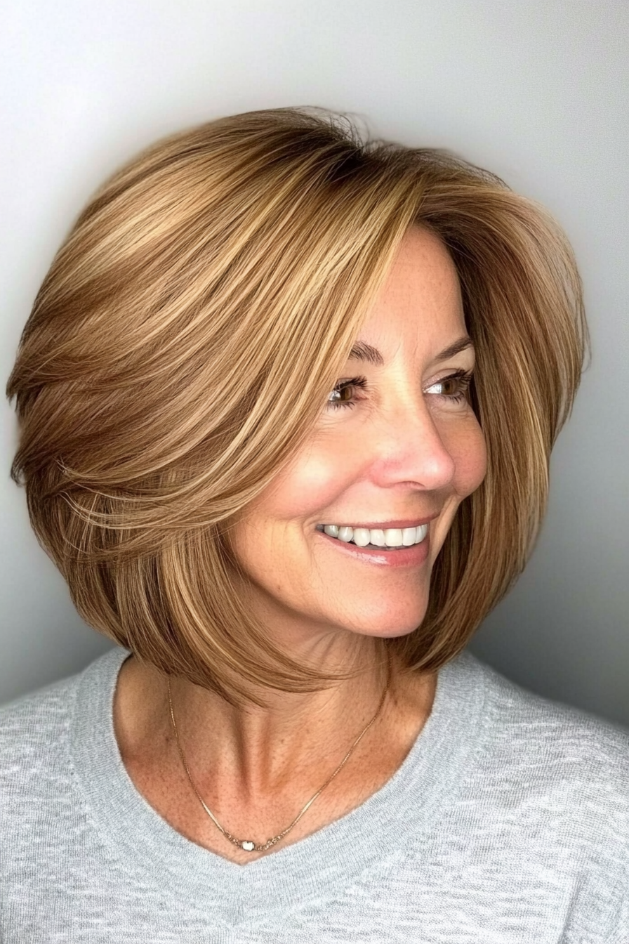 24. Stacked Bob in Medium Golden Brown (Haircuts For Older Women With Thin Hair) - Haircuts For Older Women With Thin Hair