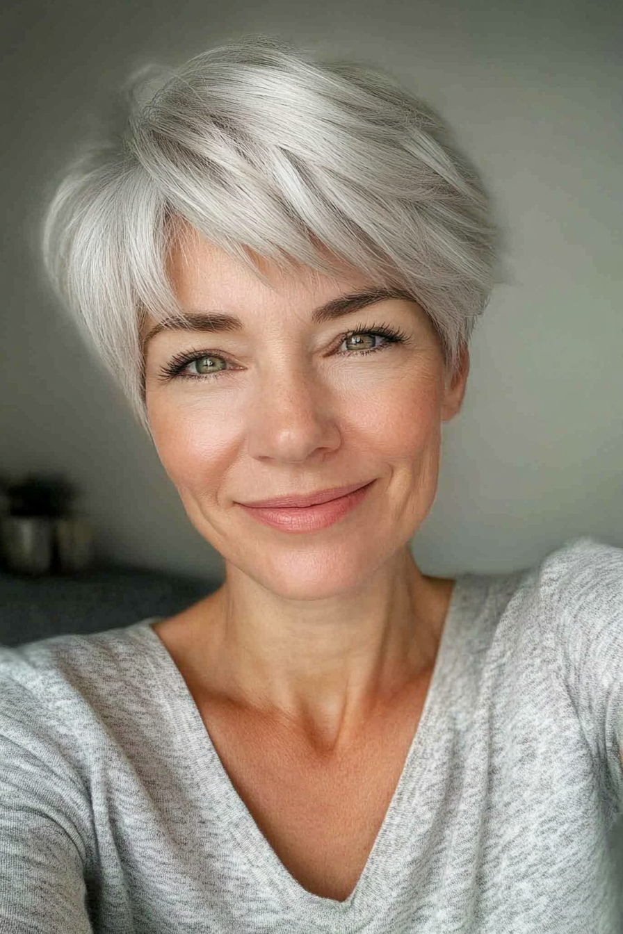 26. Fringed Pixie in Silver-White Blend (Haircuts For Older Women With Thin Hair) - Haircuts For Older Women With Thin Hair