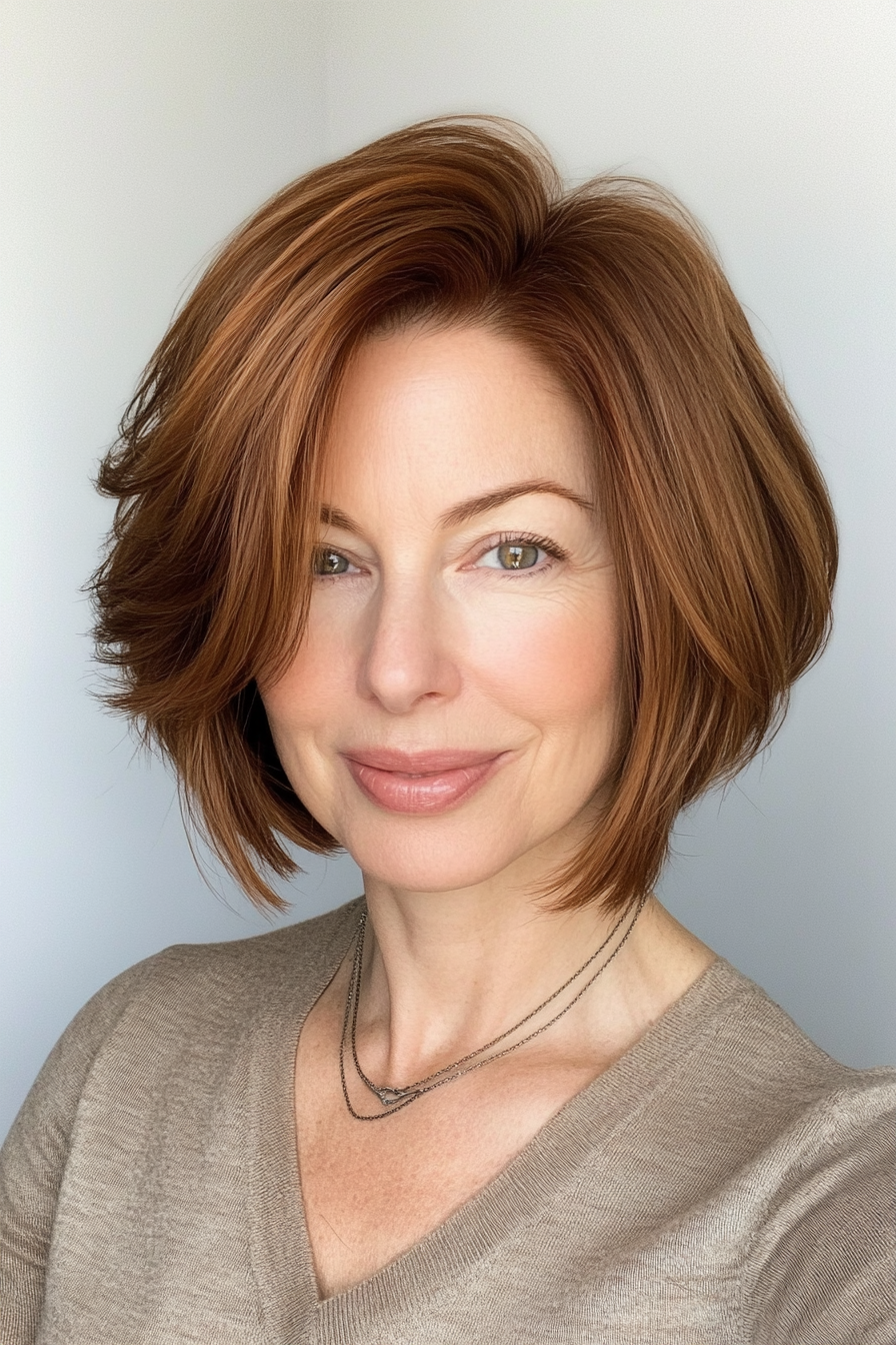 2. Chestnut-Toned Layered Bob (Short Haircuts For Women Over 50) - Short Haircuts For Women Over 50