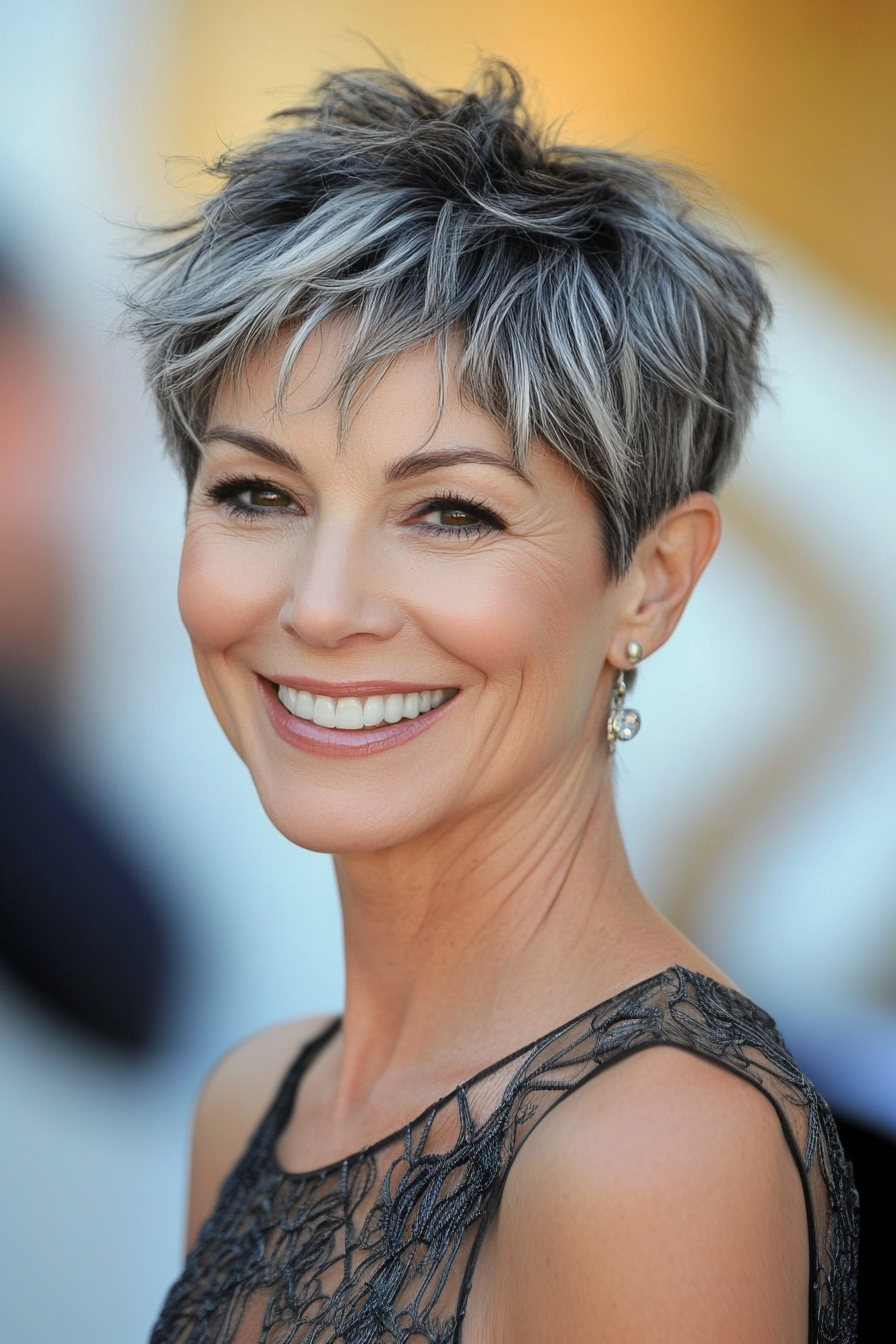 4. Salt-and-Pepper Textured Cut (Short Haircuts For Women Over 50) - Short Haircuts For Women Over 50