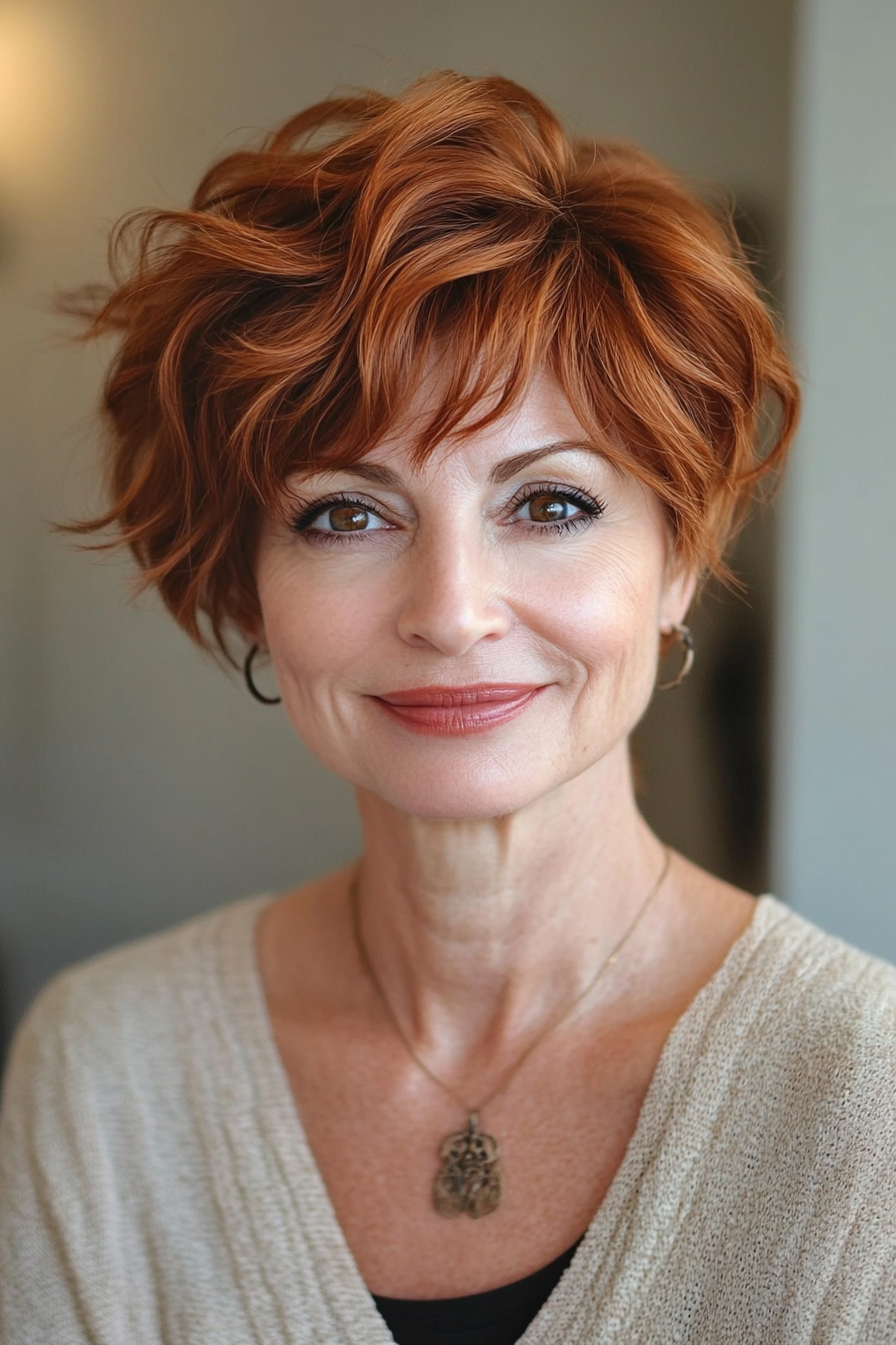 9. Deep Auburn Wavy Pixie (Short Haircuts For Women Over 50) - Short Haircuts For Women Over 50