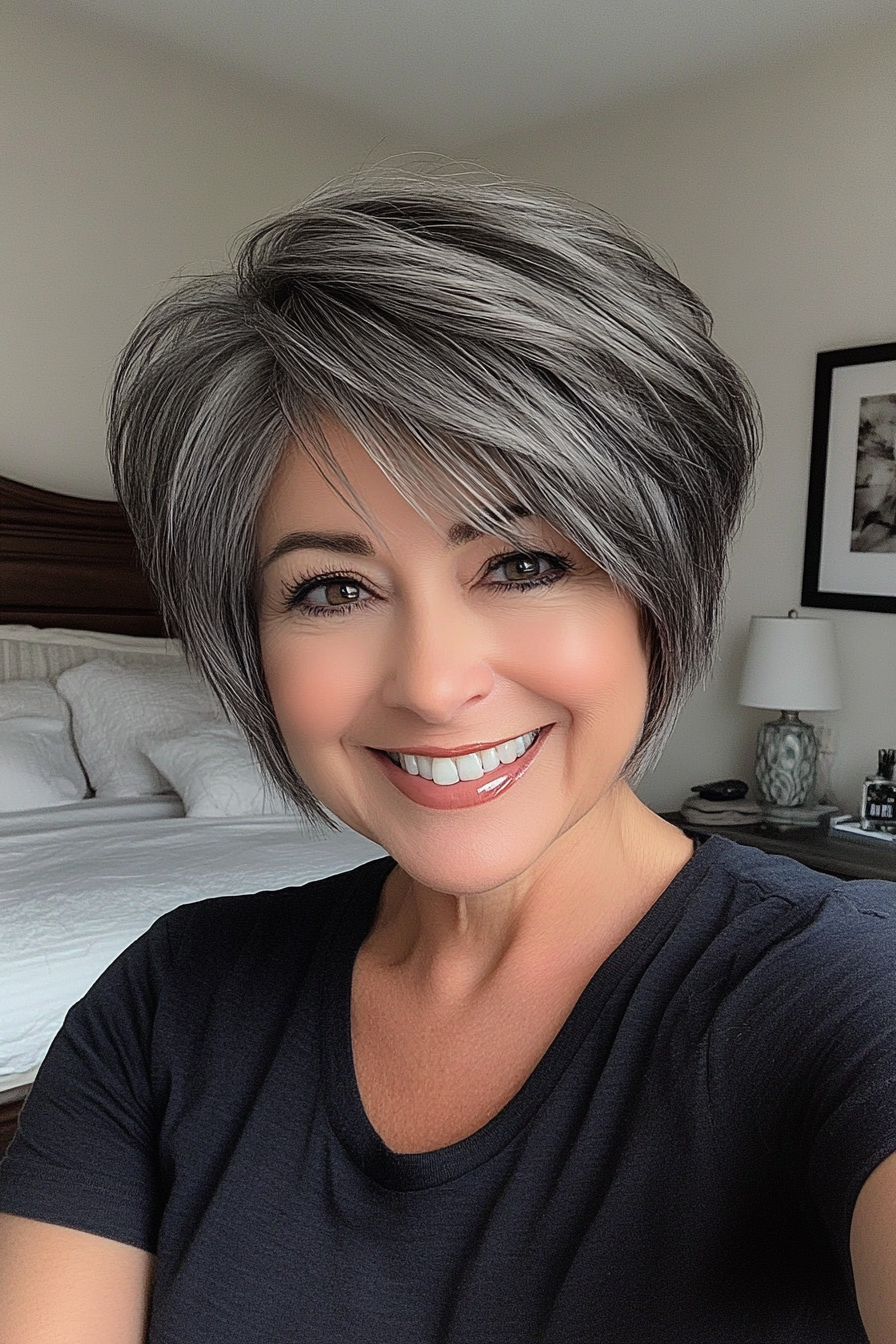 10. Short Charcoal Gray Layered Cut (Short Haircuts For Women Over 50) - Short Haircuts For Women Over 50