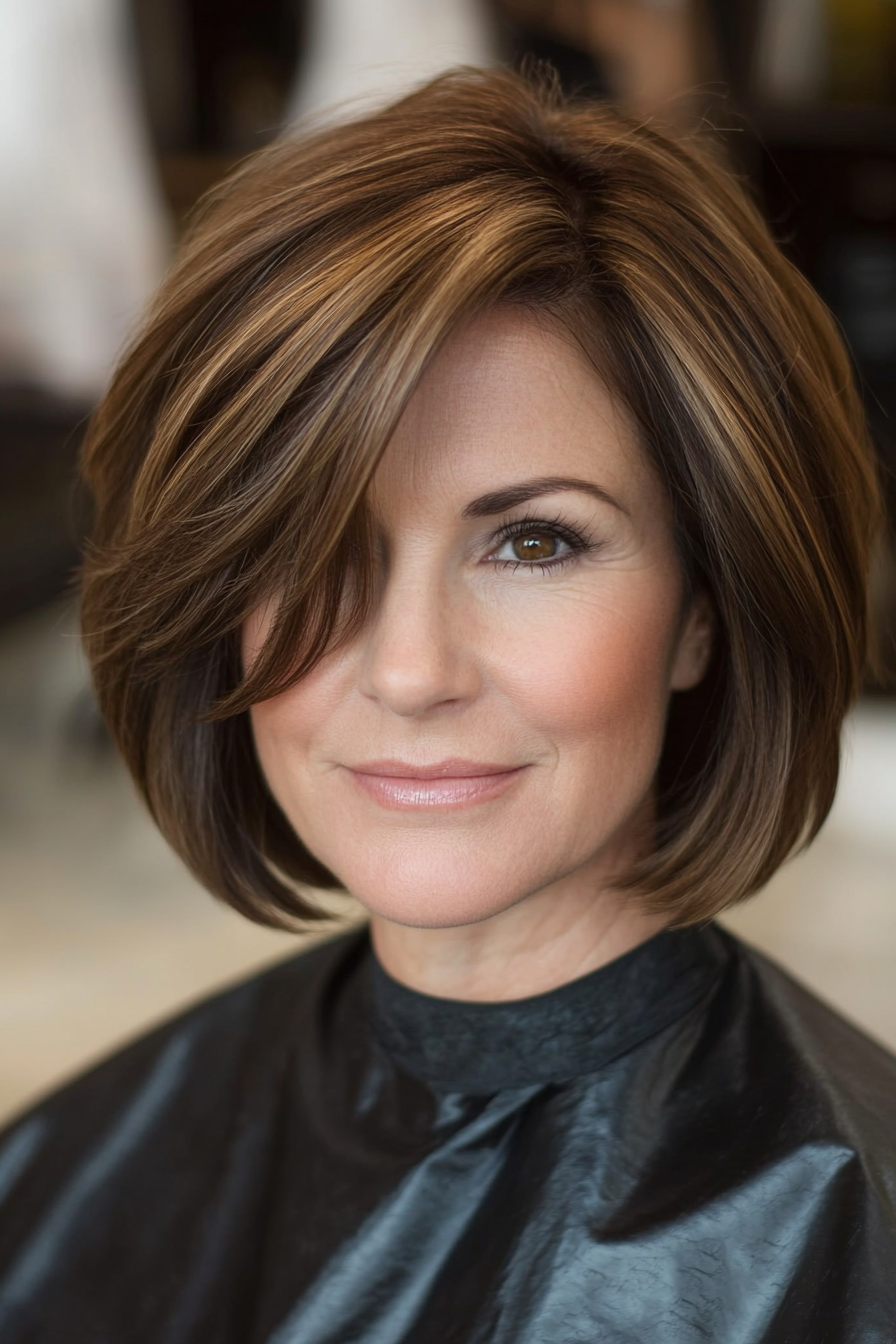 11. Mocha Brown Side-Swept Bob (Short Haircuts For Women Over 50) - Short Haircuts For Women Over 50