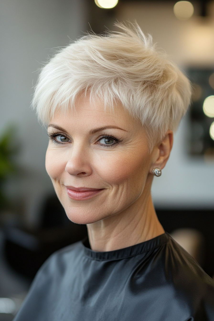 12. Pearl Blonde Feathered Pixie (Short Haircuts For Women Over 50) - Short Haircuts For Women Over 50