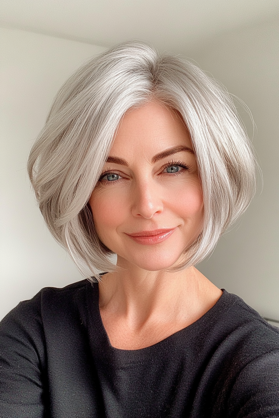 22. Silver Fox Side-Parted Bob (Short Haircuts For Women Over 50) - Short Haircuts For Women Over 50