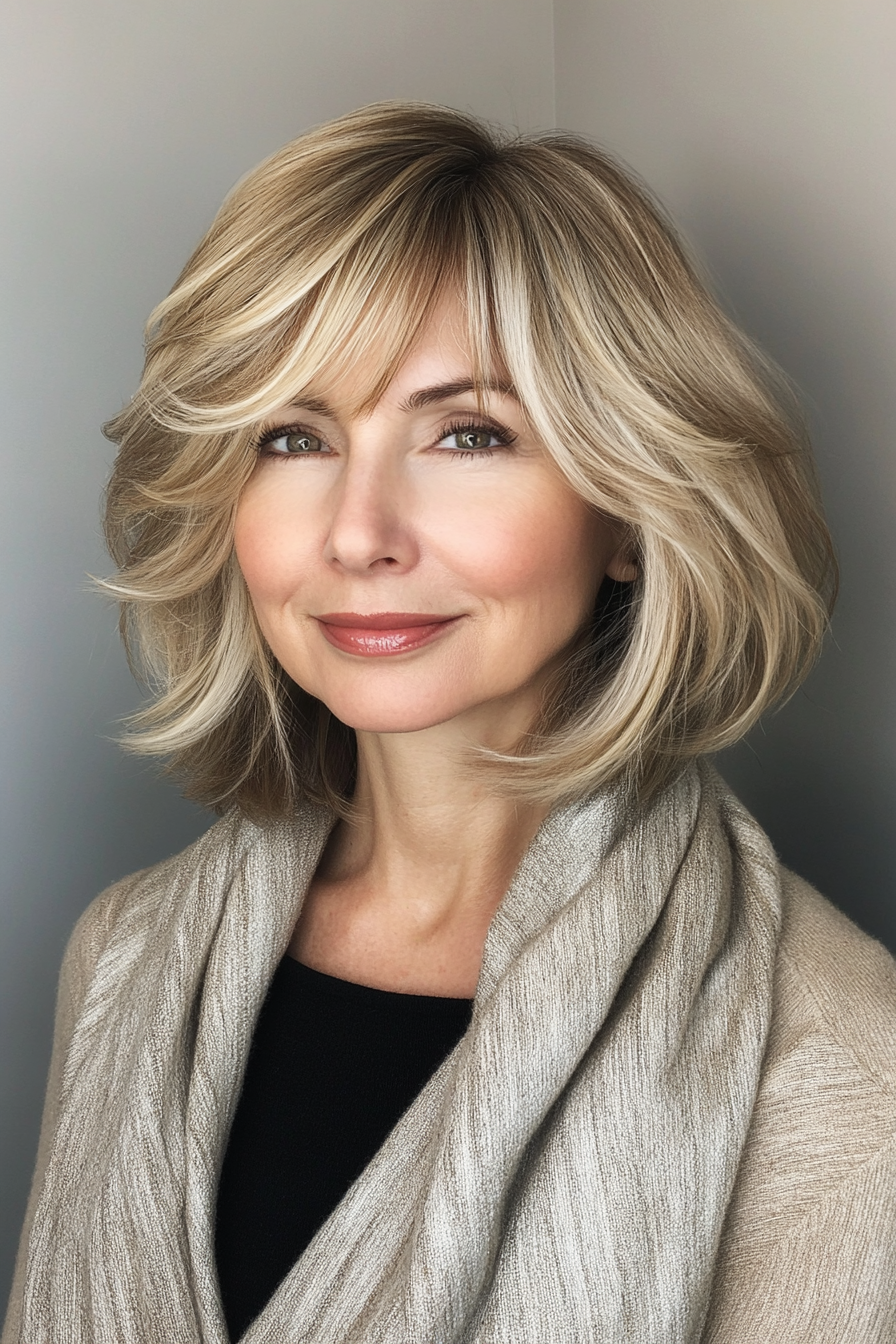 1. Feathered Bob with Wispy Bangs – Soft Ash Blonde (Hairstyles With Bangs For Women Over 50) - Hairstyles With Bangs For Women Over 50
