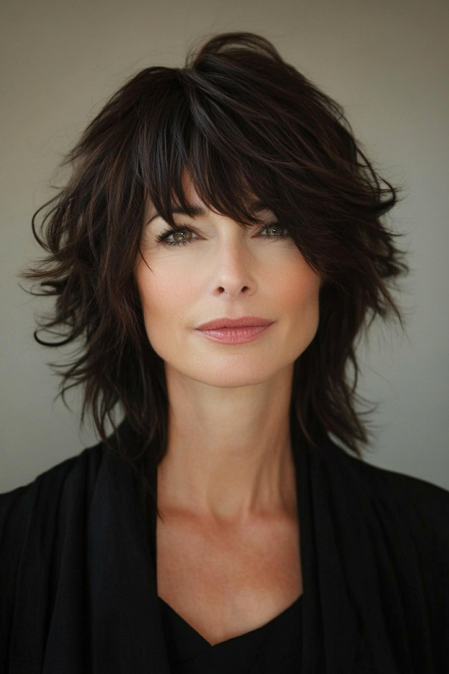 3. Choppy Pixie with Side-Swept Bangs – Deep Brunette (Hairstyles With Bangs For Women Over 50) - Hairstyles With Bangs For Women Over 50