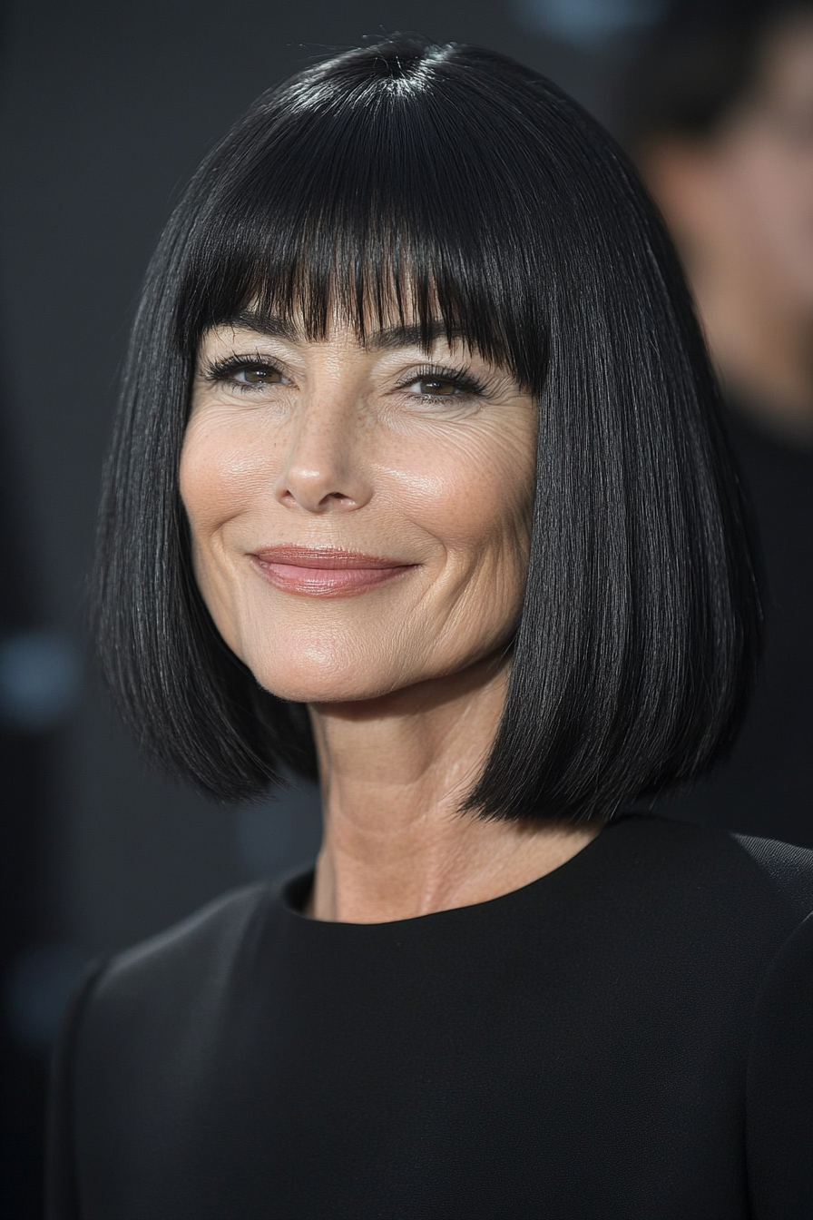 5. Classic Chin-Length Bob with Straight Bangs – Natural Black (Hairstyles With Bangs For Women Over 50) - Hairstyles With Bangs For Women Over 50