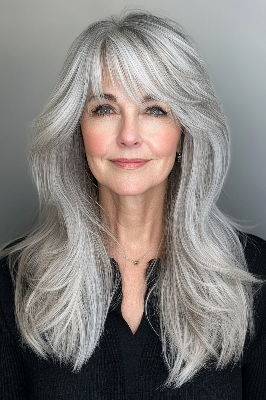 6. Long Layers with Blended Bangs – Silver Gray (Hairstyles With Bangs For Women Over 50) - Hairstyles With Bangs For Women Over 50