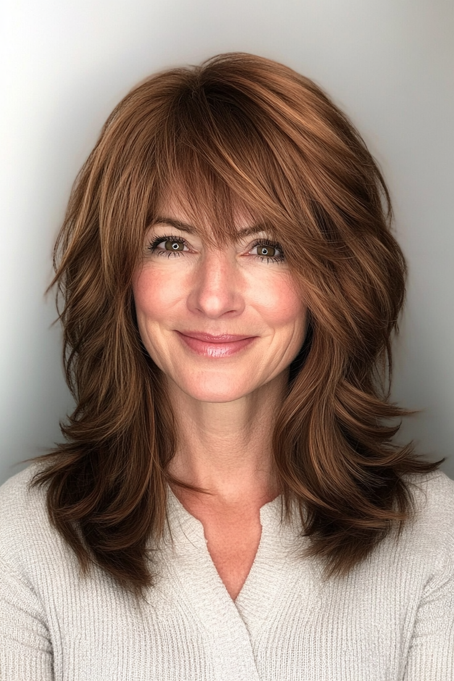 7. Shaggy Mid-Length Cut with Razored Bangs – Auburn Brown (Hairstyles With Bangs For Women Over 50) - Hairstyles With Bangs For Women Over 50