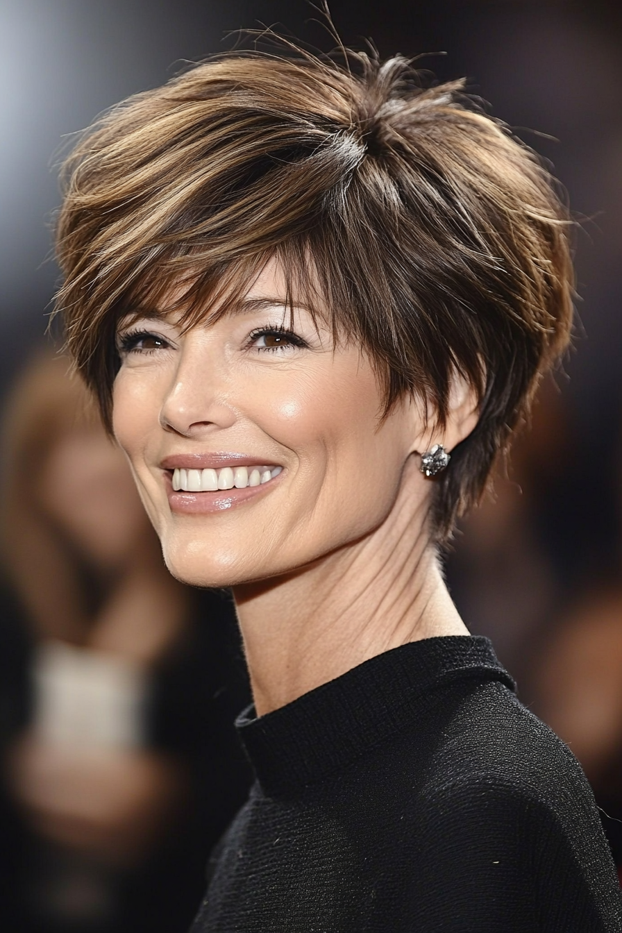 8. Voluminous Pixie with Micro Bangs – Warm Brown (Hairstyles With Bangs For Women Over 50) - Hairstyles With Bangs For Women Over 50
