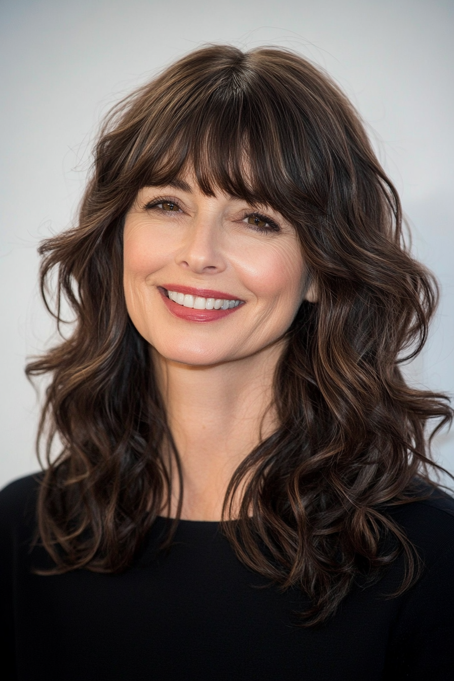 9. Shoulder-Length Curls with Soft Bangs – Deep Chocolate Brown (Hairstyles With Bangs For Women Over 50) - Hairstyles With Bangs For Women Over 50