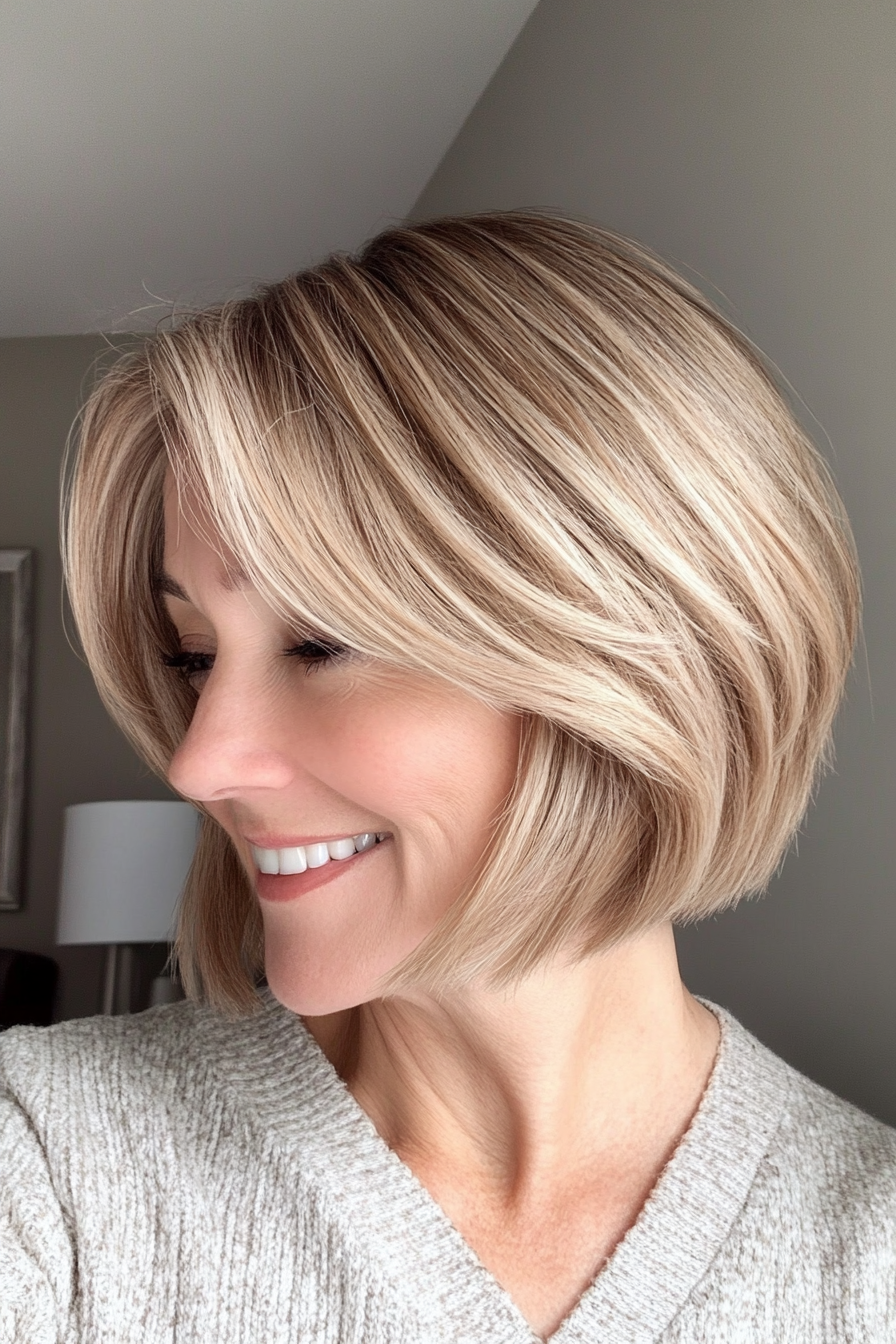 10. Asymmetrical Bob with Side Bangs – Sandy Blonde (Hairstyles With Bangs For Women Over 50) - Hairstyles With Bangs For Women Over 50
