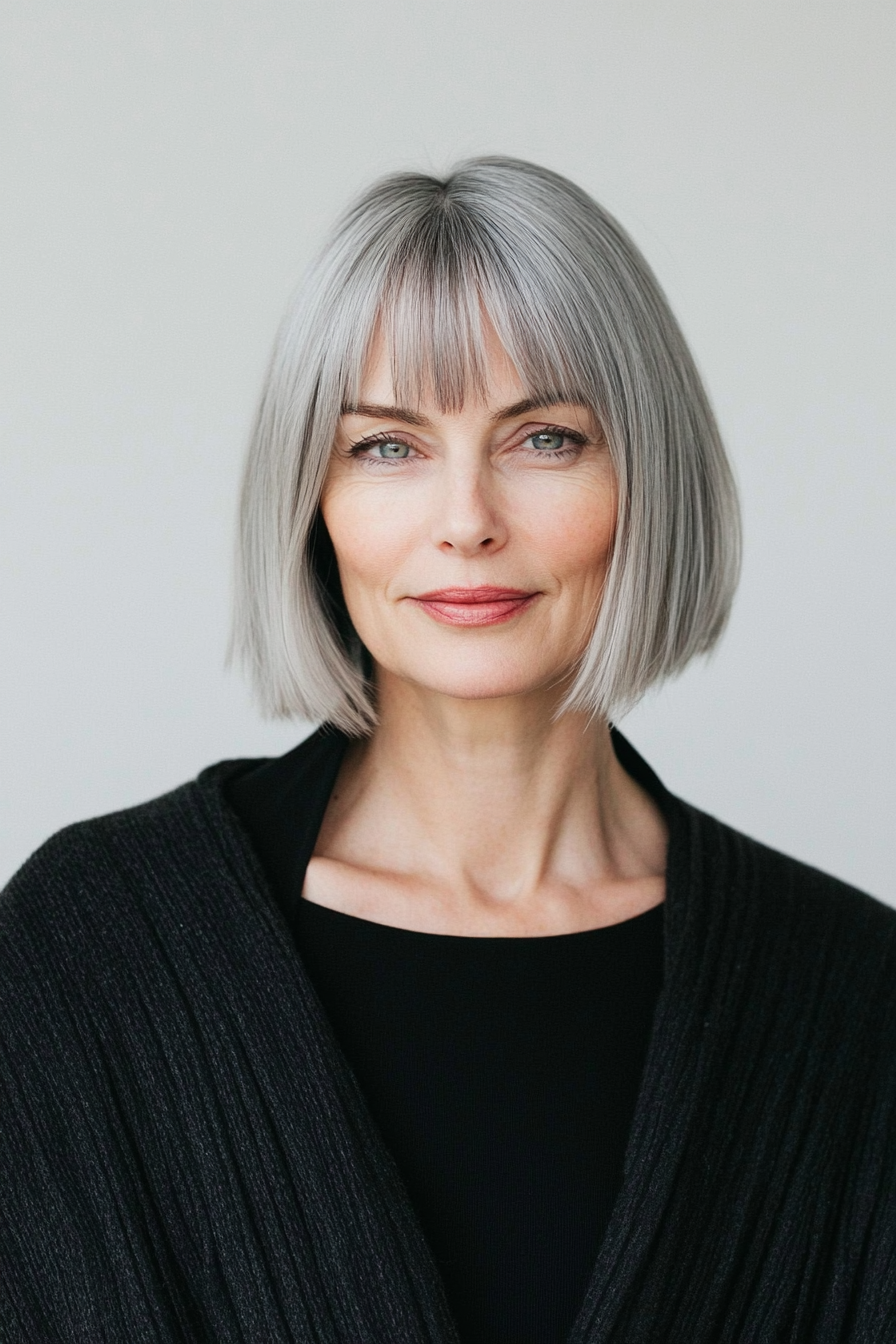 12. Blunt Bob with Tapered Bangs – Salt and Pepper (Hairstyles With Bangs For Women Over 50) - Hairstyles With Bangs For Women Over 50