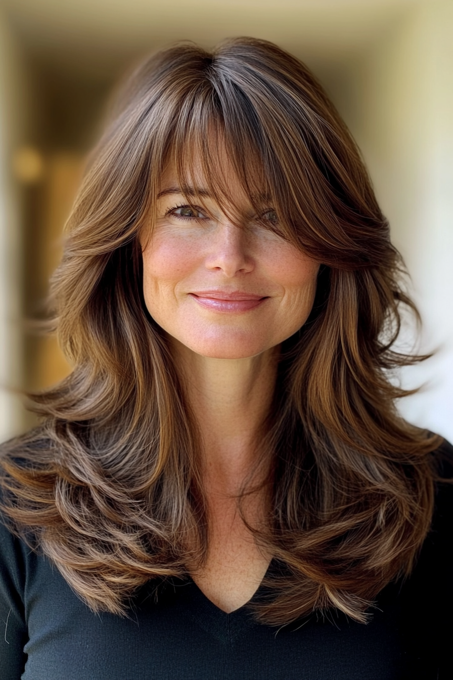 13. Long Feathered Cut with Side Bangs – Dark Chestnut Brown (Hairstyles With Bangs For Women Over 50) - Hairstyles With Bangs For Women Over 50